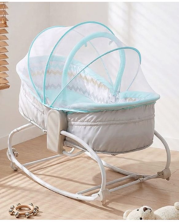 Babyhug Opal 3 in 1 Cosy Manual Rocker cum Sleeper with Mosquito Net - Blue (Without Toys)
