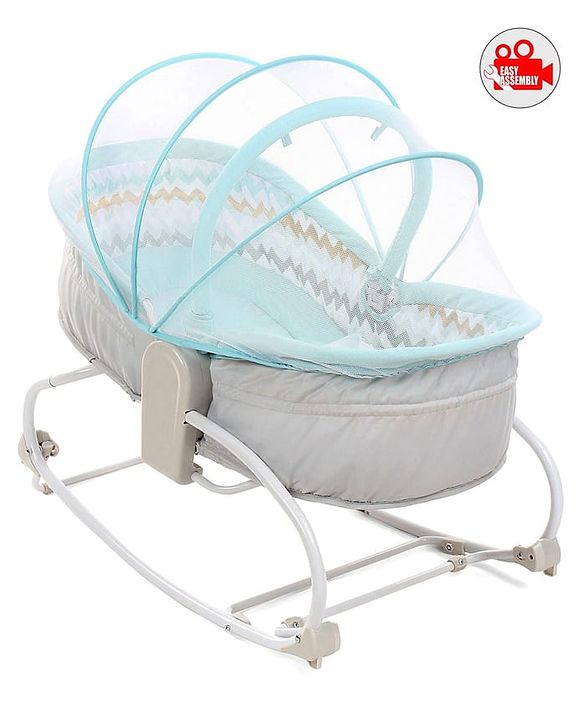 Babyhug Opal 3 in 1 Cosy Manual Rocker cum Sleeper with Mosquito Net - Blue (Without Toys)