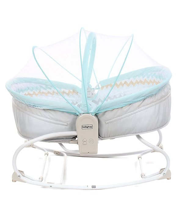Babyhug Opal 3 in 1 Cosy Manual Rocker cum Sleeper with Mosquito Net - Blue (Without Toys)
