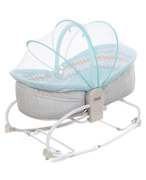 Babyhug Opal 3 in 1 Cosy Manual Rocker cum Sleeper with Mosquito Net - Blue (Without Toys)