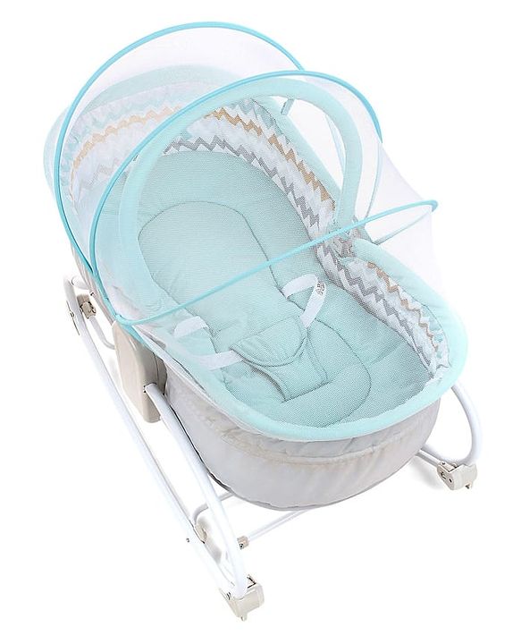 Babyhug Opal 3 in 1 Cosy Manual Rocker cum Sleeper with Mosquito Net - Blue (Without Toys)