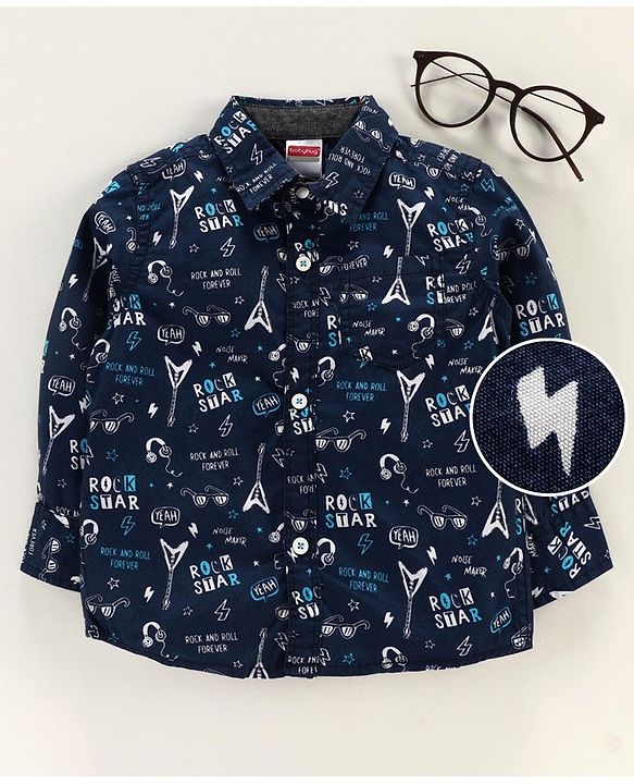 Babyhug Full Sleeves Shirt Rockstar Print - Navy Blue