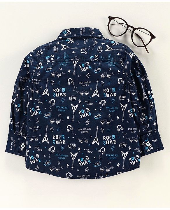 Babyhug Full Sleeves Shirt Rockstar Print - Navy Blue