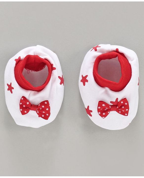 Babyhug 100% Booties Star Print - White Red