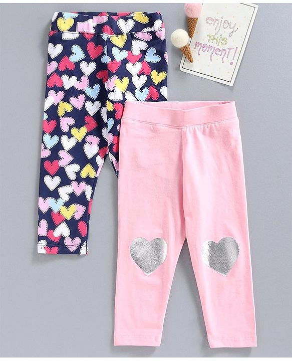 Babyhug Full Length Leggings Heart Print Pack of 2 - Navy Blue Pink