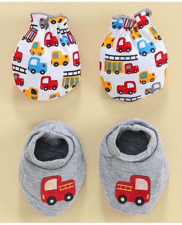 Babyhug 100% Cotton Mitten & Booties Set Vehicle Print - White Grey