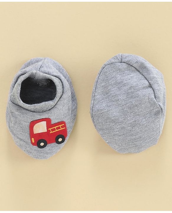 Babyhug 100% Cotton Mitten & Booties Set Vehicle Print - White Grey