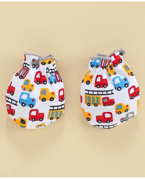 Babyhug 100% Cotton Mitten & Booties Set Vehicle Print - White Grey