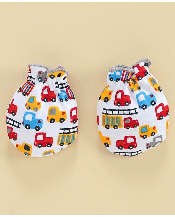 Babyhug 100% Cotton Mitten & Booties Set Vehicle Print - White Grey