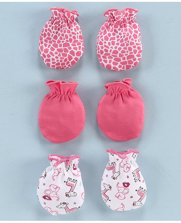 Babyhug 100% Cotton Solid & Printed Mittens Pack of 3 - White Pink
