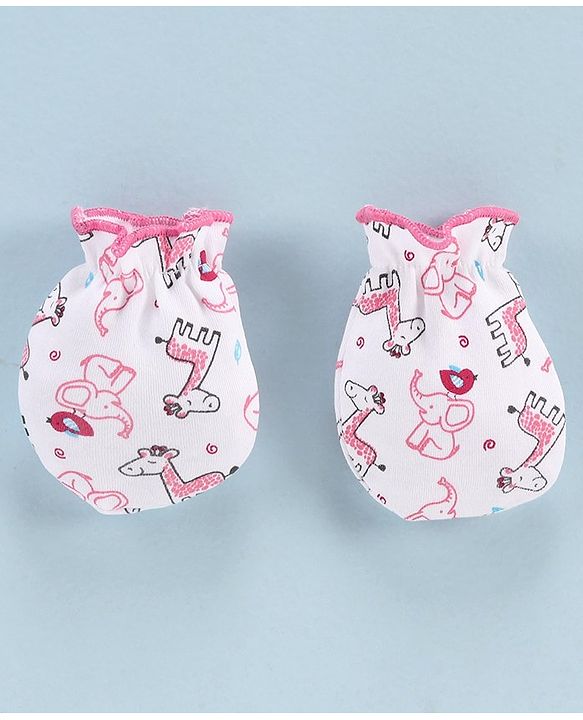 Babyhug 100% Cotton Solid & Printed Mittens Pack of 3 - White Pink