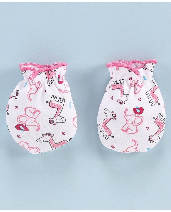 Babyhug 100% Cotton Solid & Printed Mittens Pack of 3 - White Pink