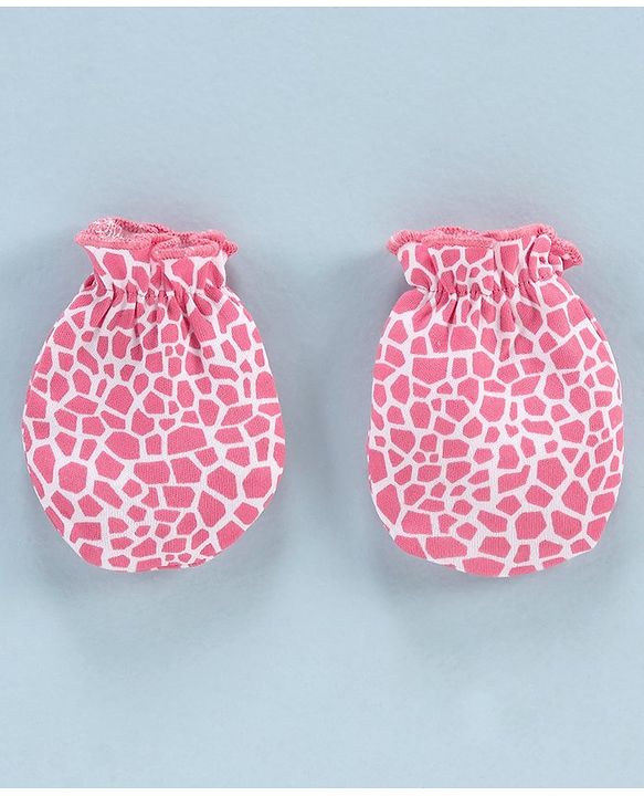 Babyhug 100% Cotton Solid & Printed Mittens Pack of 3 - White Pink