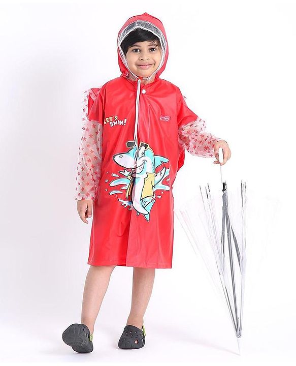 Babyhug Full Sleeves Hooded Raincoat With School Bag Provision  - Red