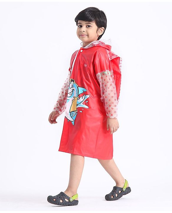 Babyhug Full Sleeves Hooded Raincoat With School Bag Provision  - Red