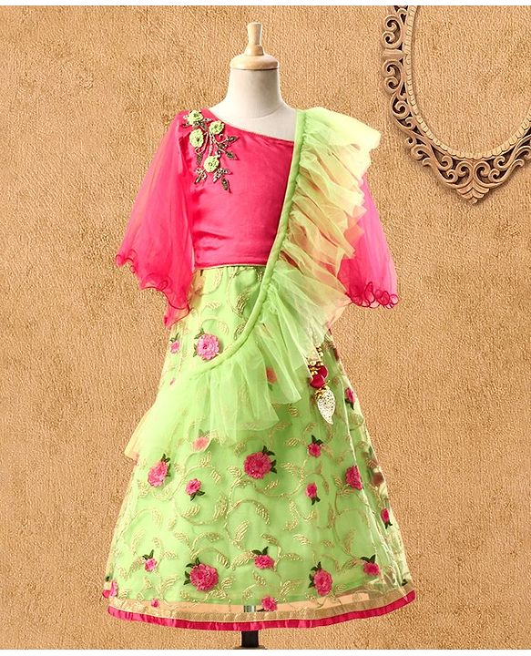 Babyhug Embroidered Full Sleeves Choli & Lehenga Set with Net Dupatta - Pink Green