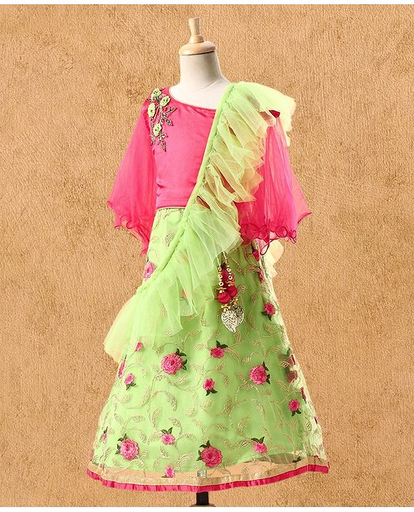 Babyhug Embroidered Full Sleeves Choli & Lehenga Set with Net Dupatta - Pink Green