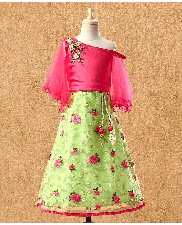 Babyhug Embroidered Full Sleeves Choli & Lehenga Set with Net Dupatta - Pink Green