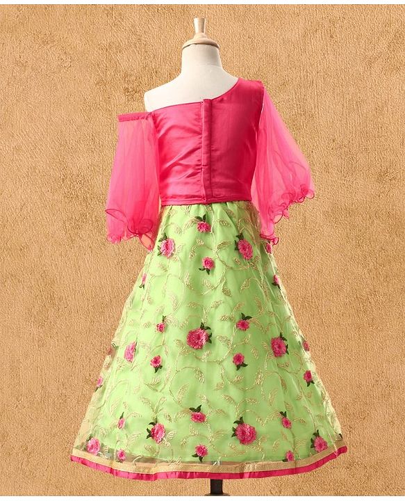 Babyhug Embroidered Full Sleeves Choli & Lehenga Set with Net Dupatta - Pink Green