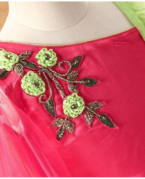 Babyhug Embroidered Full Sleeves Choli & Lehenga Set with Net Dupatta - Pink Green
