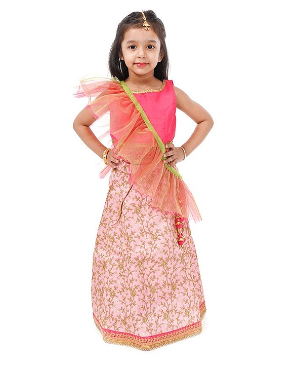 Babyhug Embroidered Ghagra and Sleeveless Choli Set with Net Dupatta - Pink