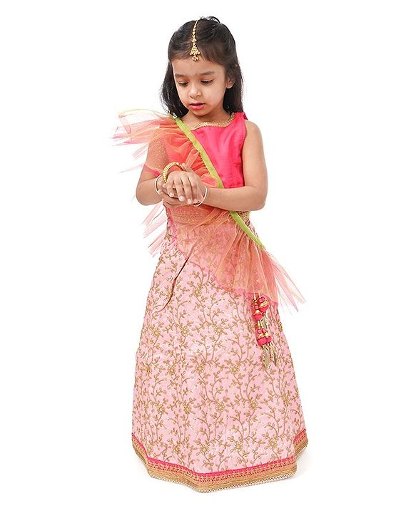 Babyhug Embroidered Ghagra and Sleeveless Choli Set with Net Dupatta - Pink