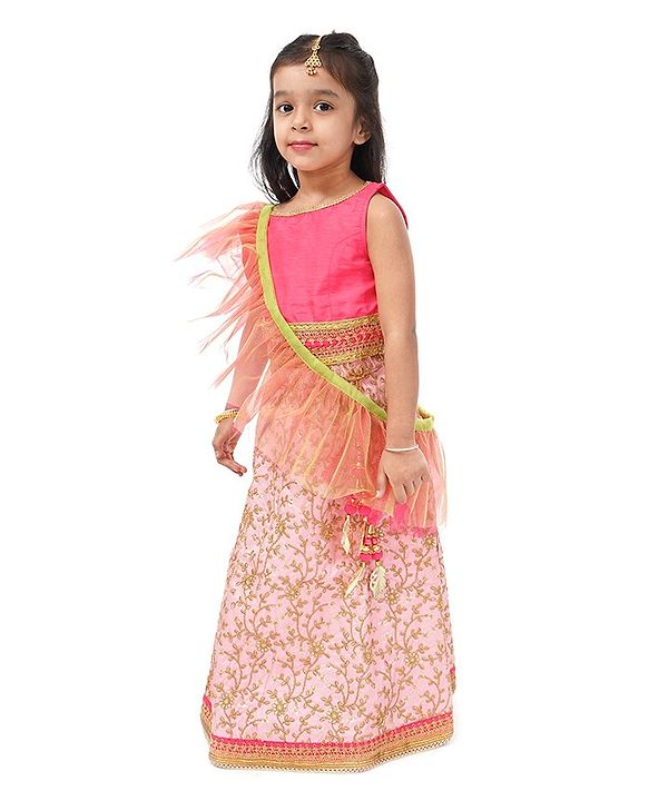 Babyhug Embroidered Ghagra and Sleeveless Choli Set with Net Dupatta - Pink