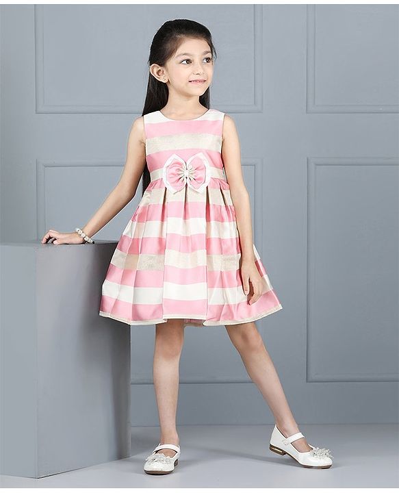 Babyhug Party Wear Sleeveless Stripe Pleated Frock Bow Applique - Pink White