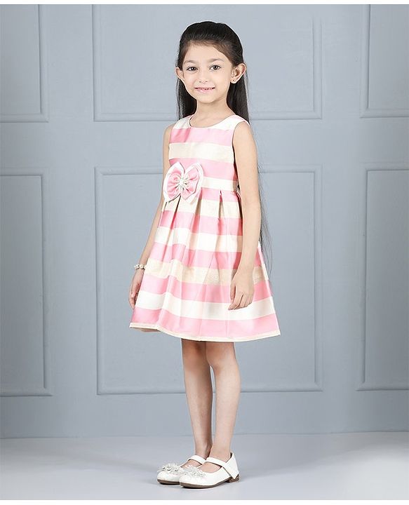 Babyhug Party Wear Sleeveless Stripe Pleated Frock Bow Applique - Pink White