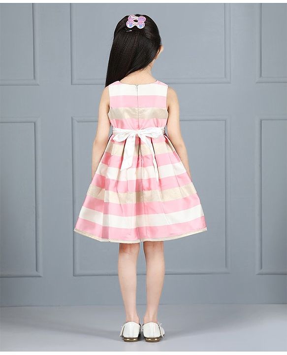 Babyhug Party Wear Sleeveless Stripe Pleated Frock Bow Applique - Pink White