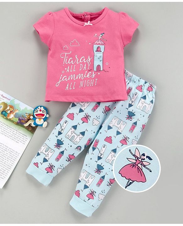 Babyhug Half Sleeves Night Suit Fairy Print - Pink Blue