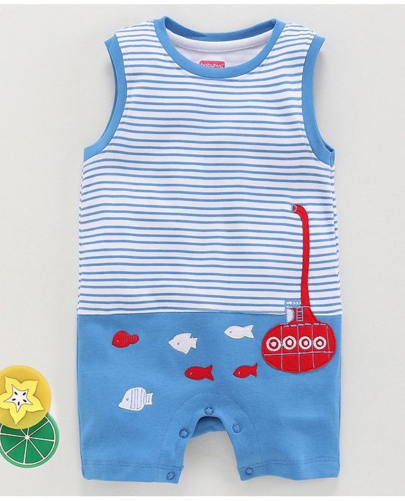 Babyhug 100% Cotton Sleeveless Striped Romper Submarine Patch - Blue