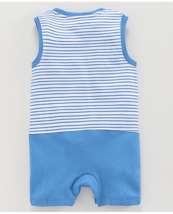 Babyhug 100% Cotton Sleeveless Striped Romper Submarine Patch - Blue
