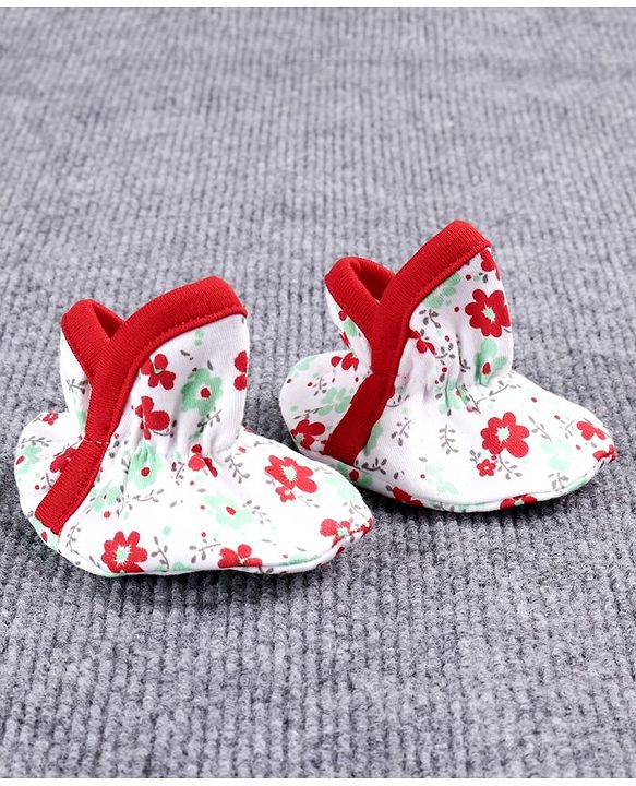 Babyhug 100% Cotton Booties Floral Print - White Red