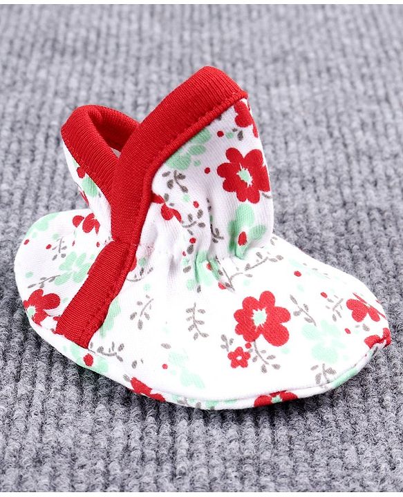 Babyhug 100% Cotton Booties Floral Print - White Red