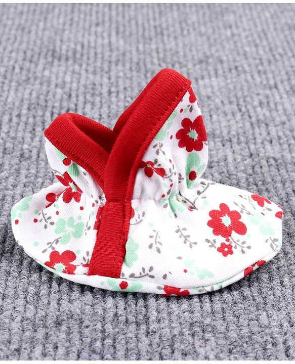 Babyhug 100% Cotton Booties Floral Print - White Red