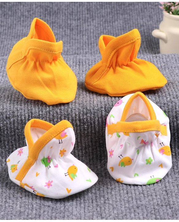 Babyhug 100% Cotton Booties Bird Print Pack of 2 - White Yellow