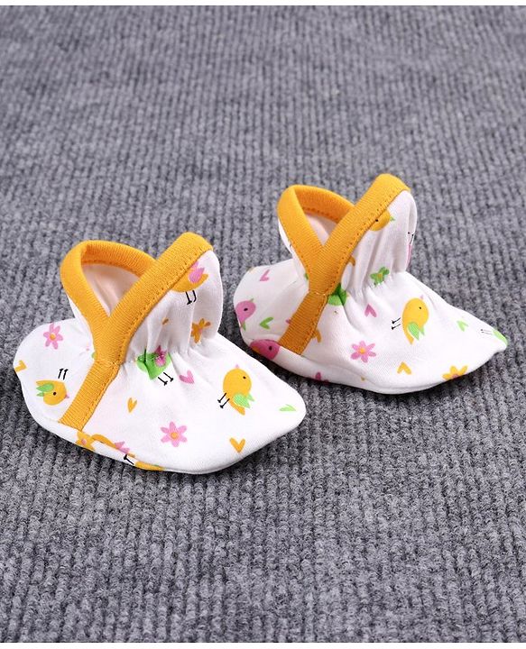 Babyhug 100% Cotton Booties Bird Print Pack of 2 - White Yellow