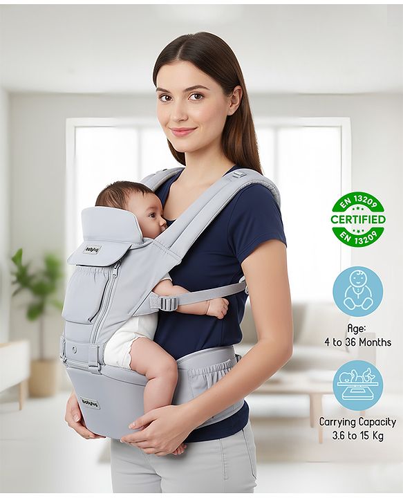Babyhug Cherish 5-in-1 Hip Seat Baby Carrier:  Ergonomic design with padded straps, Breathable fabric, Foldable head support, storage pockets, and 5 carrying positions for babies up to 15 kg-Grey