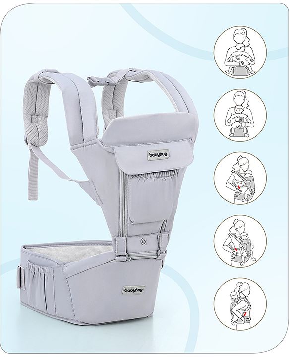 Babyhug Cherish 5-in-1 Hip Seat Baby Carrier:  Ergonomic design with padded straps, Breathable fabric, Foldable head support, storage pockets, and 5 carrying positions for babies up to 15 kg-Grey