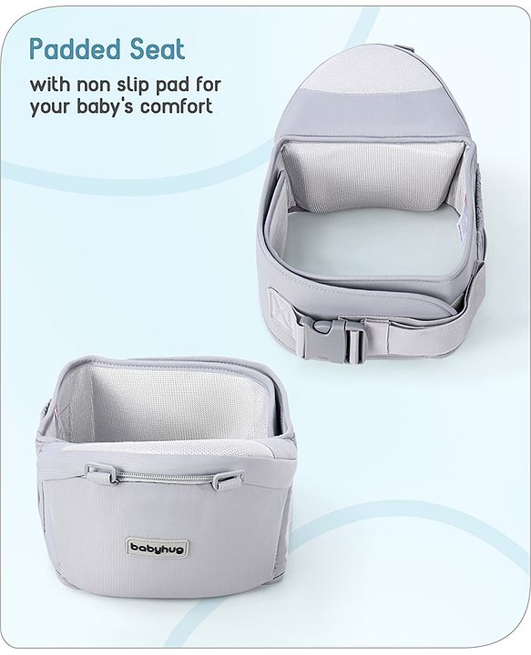 Babyhug Cherish 5-in-1 Hip Seat Baby Carrier:  Ergonomic design with padded straps, Breathable fabric, Foldable head support, storage pockets, and 5 carrying positions for babies up to 15 kg-Grey
