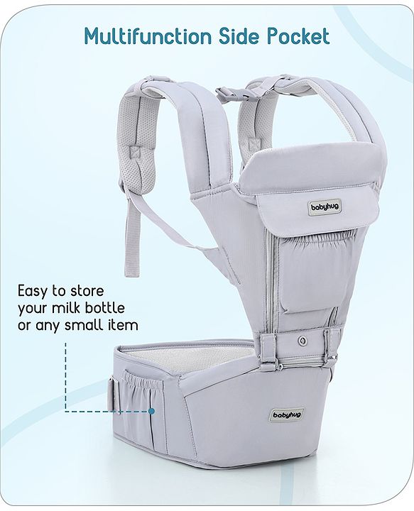 Babyhug Cherish 5-in-1 Hip Seat Baby Carrier:  Ergonomic design with padded straps, Breathable fabric, Foldable head support, storage pockets, and 5 carrying positions for babies up to 15 kg-Grey