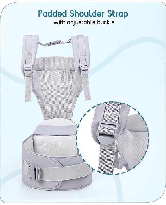 Babyhug Cherish 5-in-1 Hip Seat Baby Carrier:  Ergonomic design with padded straps, Breathable fabric, Foldable head support, storage pockets, and 5 carrying positions for babies up to 15 kg-Grey