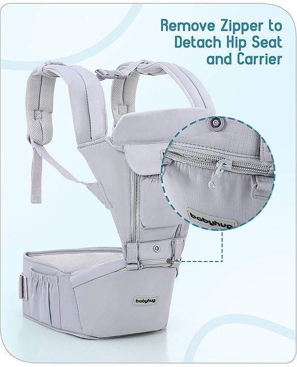 Babyhug Cherish 5-in-1 Hip Seat Baby Carrier:  Ergonomic design with padded straps, Breathable fabric, Foldable head support, storage pockets, and 5 carrying positions for babies up to 15 kg-Grey