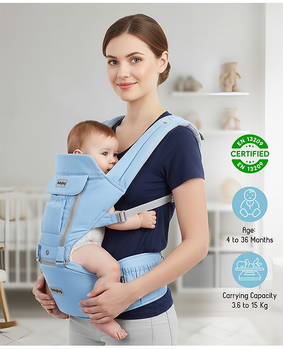 Babyhug Cherish 5-in-1 Hip Seat Baby Carrier:  Ergonomic design with padded straps, Breathable fabric, Foldable head support, storage pockets, and 5 carrying positions for babies up to 15 kg-Grey