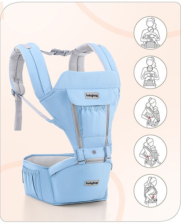 Babyhug Cherish 5-in-1 Hip Seat Baby Carrier:  Ergonomic design with padded straps, Breathable fabric, Foldable head support, storage pockets, and 5 carrying positions for babies up to 15 kg-Grey