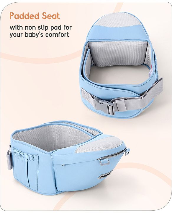 Babyhug Cherish 5-in-1 Hip Seat Baby Carrier:  Ergonomic design with padded straps, Breathable fabric, Foldable head support, storage pockets, and 5 carrying positions for babies up to 15 kg-Grey