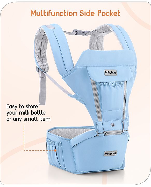Babyhug Cherish 5-in-1 Hip Seat Baby Carrier:  Ergonomic design with padded straps, Breathable fabric, Foldable head support, storage pockets, and 5 carrying positions for babies up to 15 kg-Grey