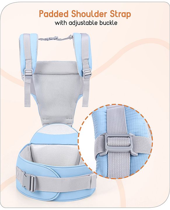 Babyhug Cherish 5-in-1 Hip Seat Baby Carrier:  Ergonomic design with padded straps, Breathable fabric, Foldable head support, storage pockets, and 5 carrying positions for babies up to 15 kg-Grey