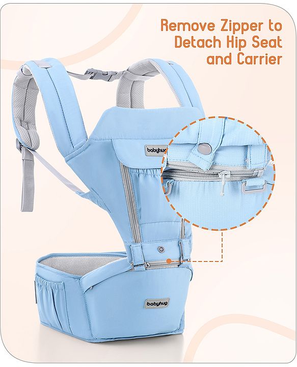 Babyhug Cherish 5-in-1 Hip Seat Baby Carrier:  Ergonomic design with padded straps, Breathable fabric, Foldable head support, storage pockets, and 5 carrying positions for babies up to 15 kg-Grey